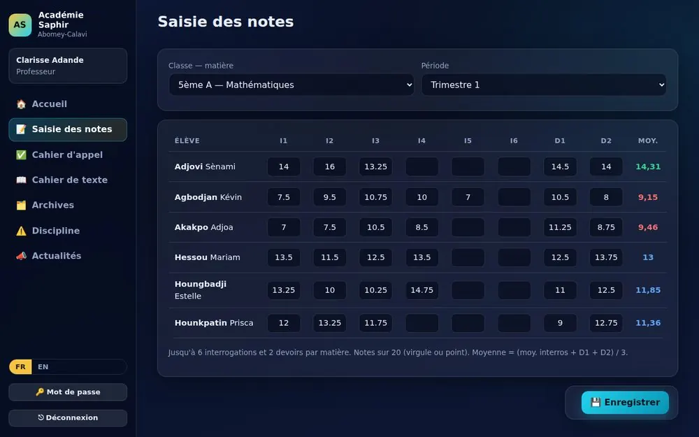 Saisie des notes par un professeur